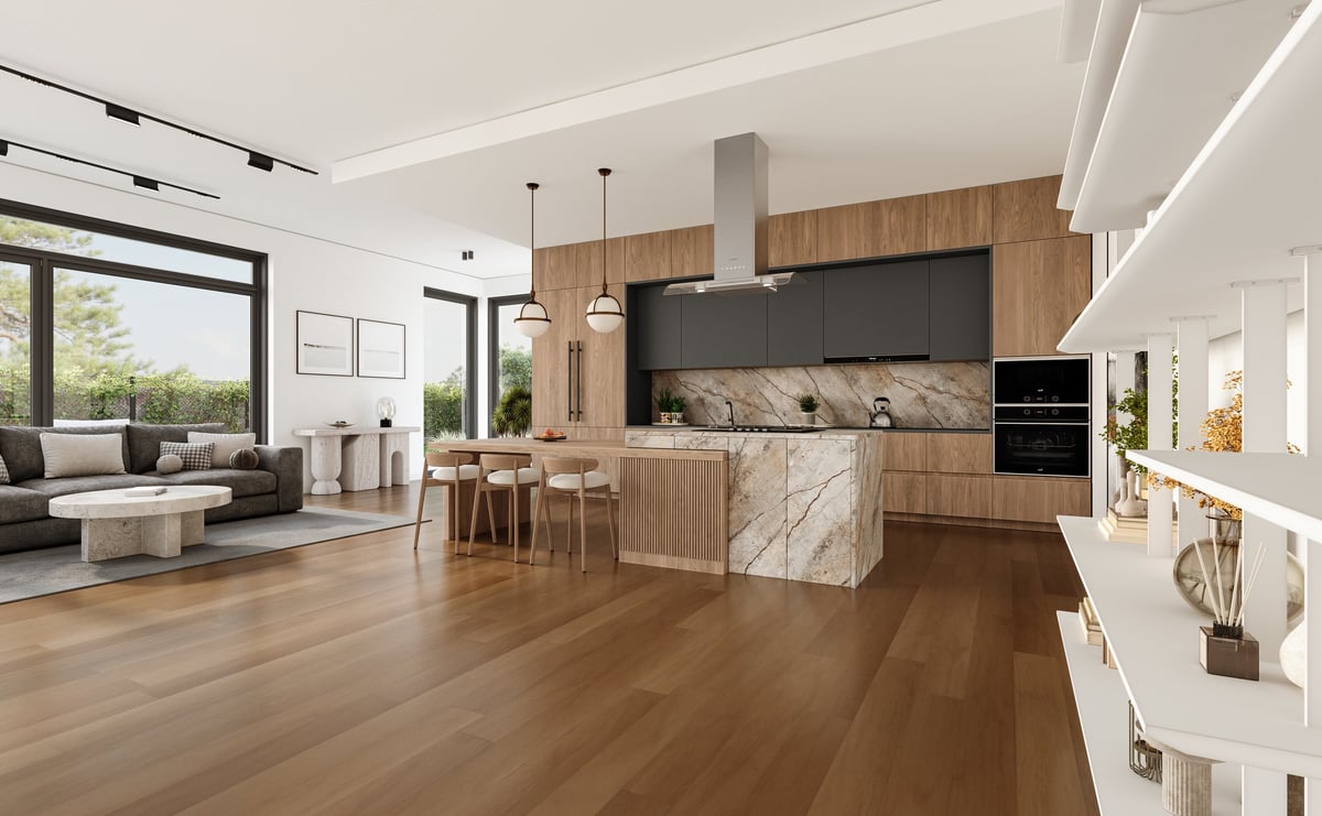 Open concept living space with hardwood flooring and modern design